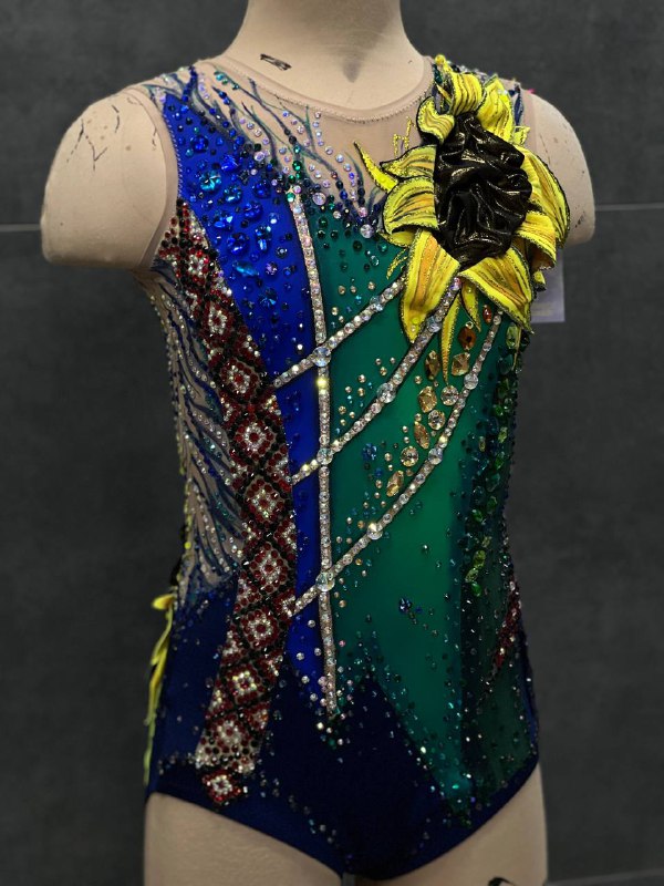 Зелено-синій купальник із соняшником та кристалами | зріст 146–155