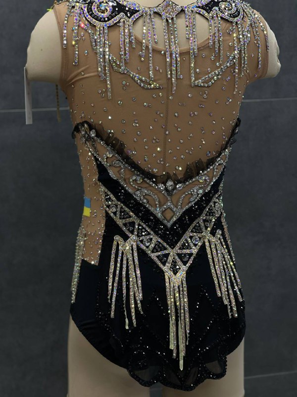 Чорний купальник зі сріблястою бахромою та кристалами | зріст 165